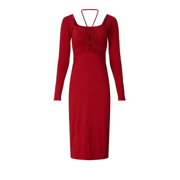 Hutch Cutout Tie Neck Sheath Midi Dress in Red Size 8 - Picture 5 of 9